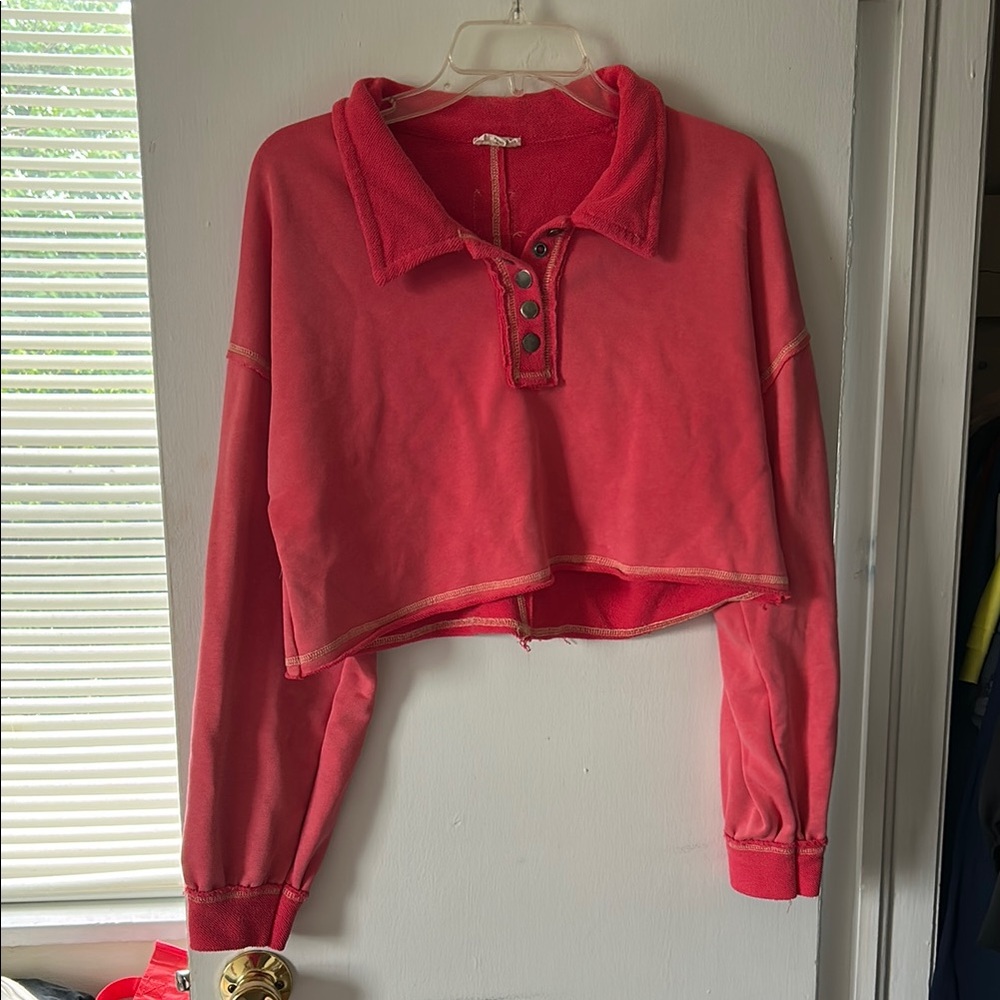 POL Pink Long Sleeve Cropped Polo Top
